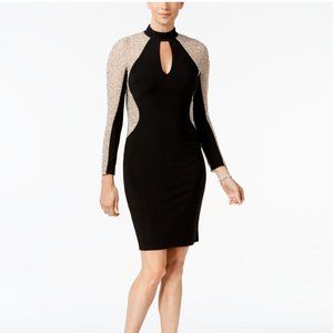 XSCAPE Womens Black Beaded Long Sleeve Keyhole Short Cocktail Sheath Dress